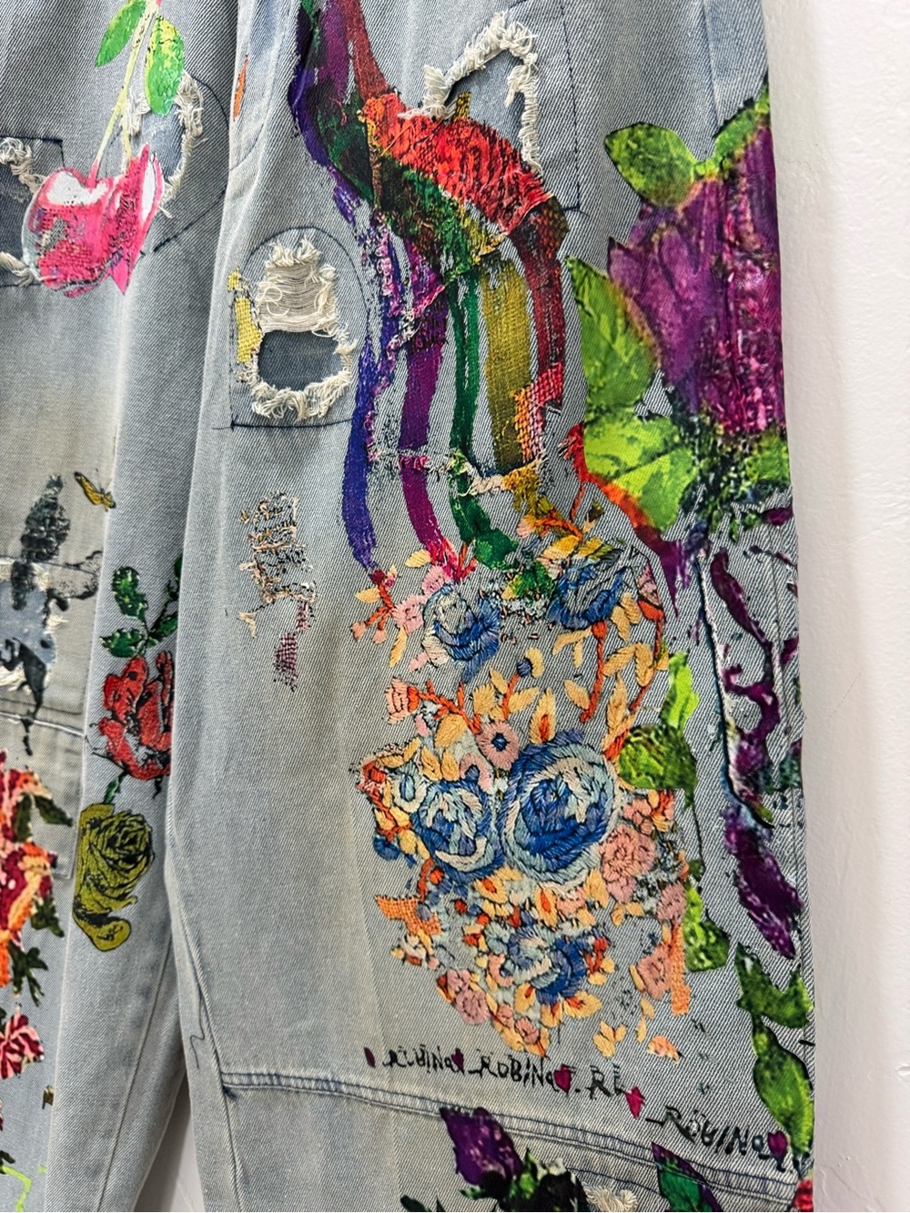 Hippie Indie Folk Art to Wear Festival Graffiti Floral Drop Crotch Jeans Medium - Picture 5 of 14